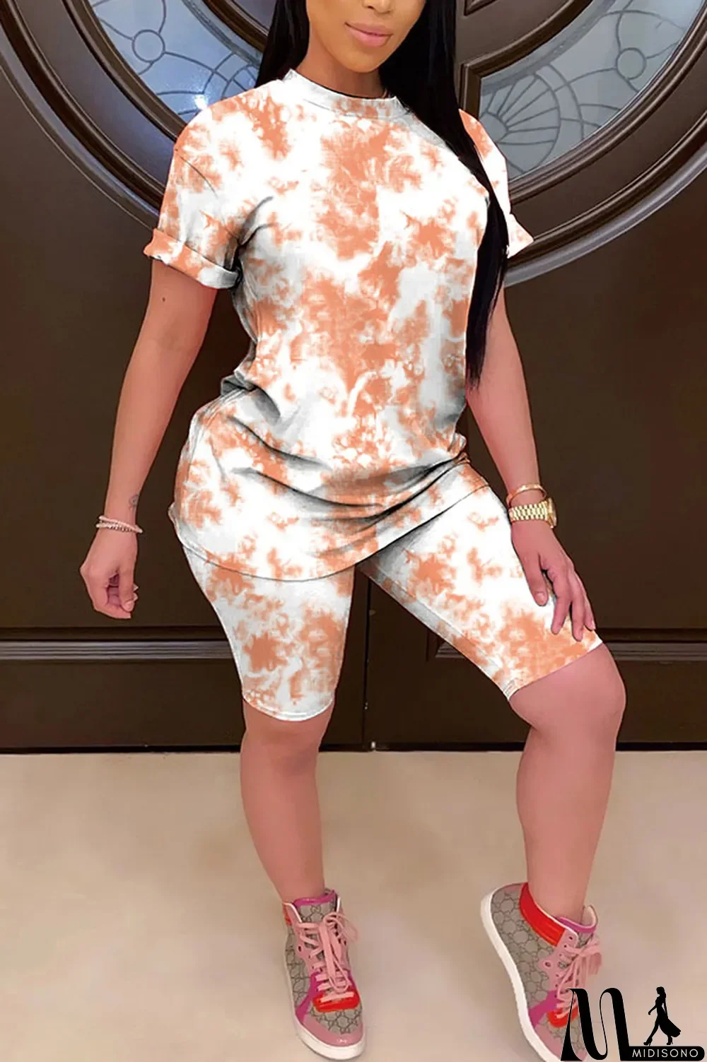 MidiSono - Light yellow Polyester Fashion Casual Print Gradient Two Piece Suits pencil Short Sleeve Two Pieces