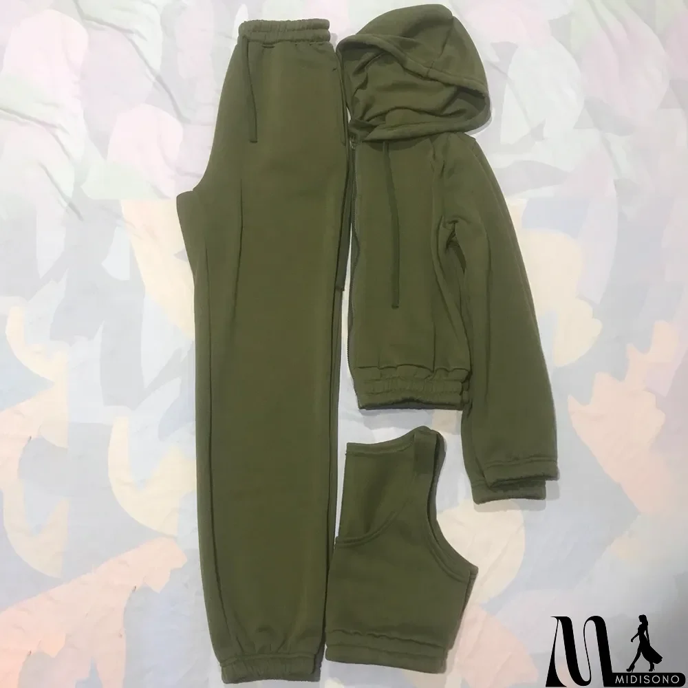 MidiSono - Plush Solid Tank Tops+Hooed Zipper Coat+Pants Sports Three Piece Set