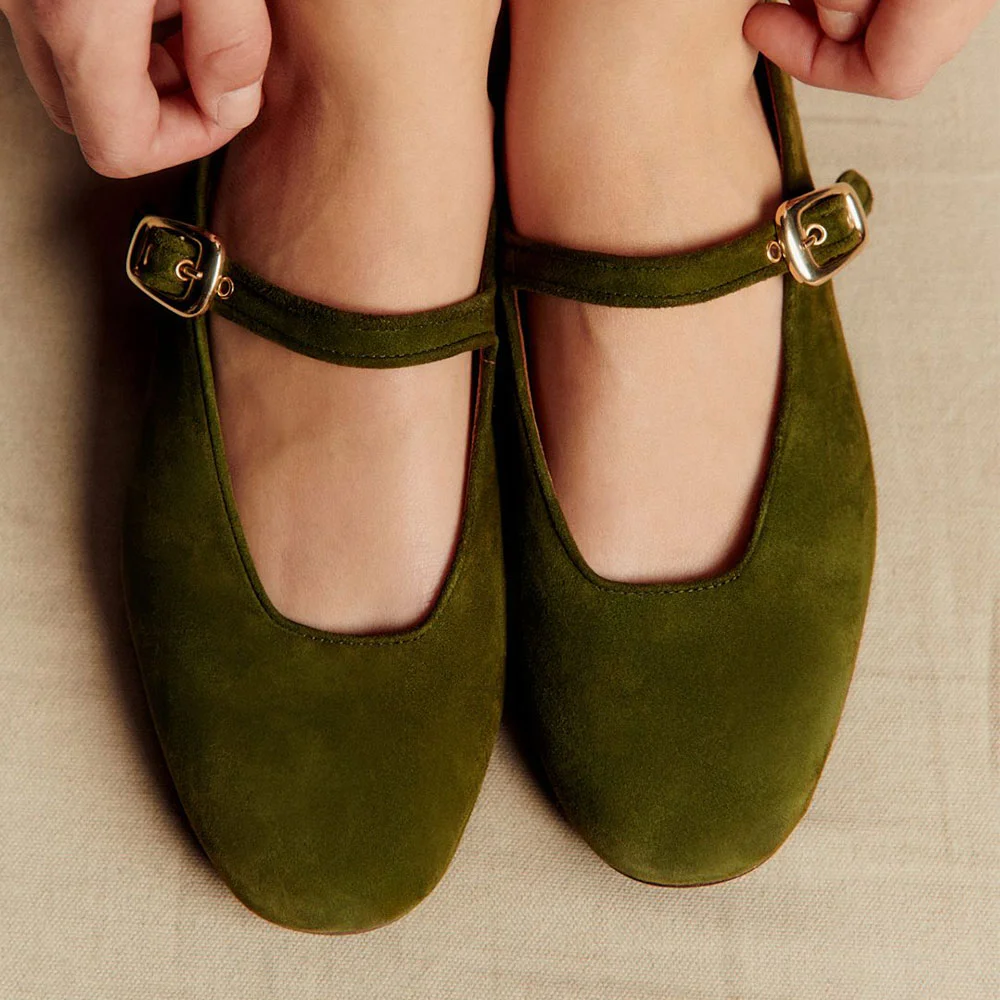 Olive Round Toe Flat Single Buckle Strap Mary Jane Shoes for Women