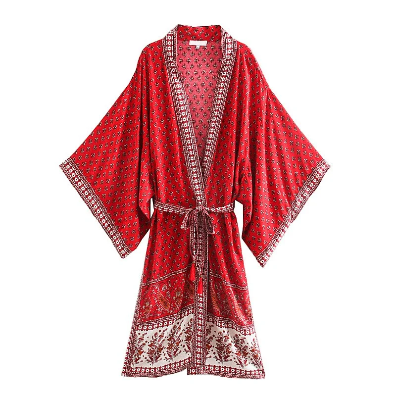 Fitshinling Oversized Beach Kimono With Sashes Bohemian Vintage Slim Sexy Long Cardigan Women Big Sleeve Fringe Cotton Cover-Up