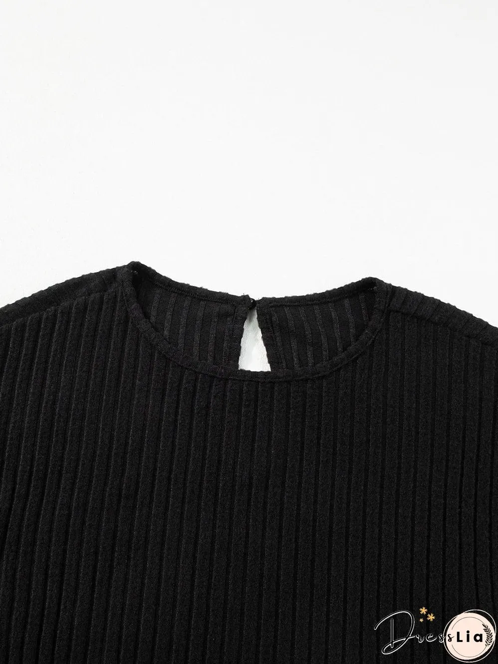 Chic Black Ribbed Wide Leg Jumpsuit with Short Sleeves