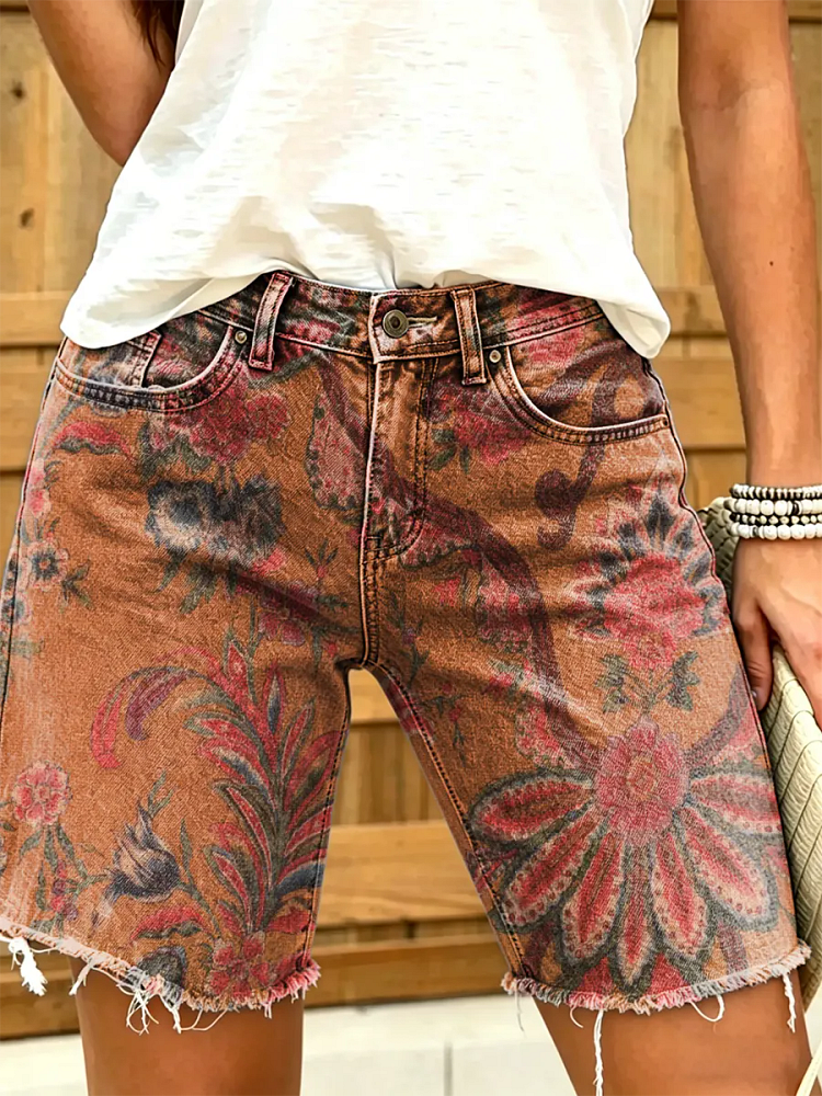 Women's Floral Print Frayed Hem Denim Shorts