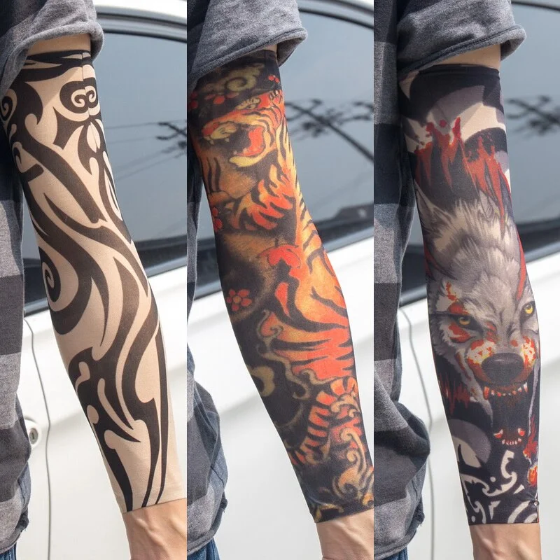 3PCS/lot new mixed 100%Nylon elastic Fake temporary tattoo sleeve skull wolf totem dragon designs body Arm stockings cool men