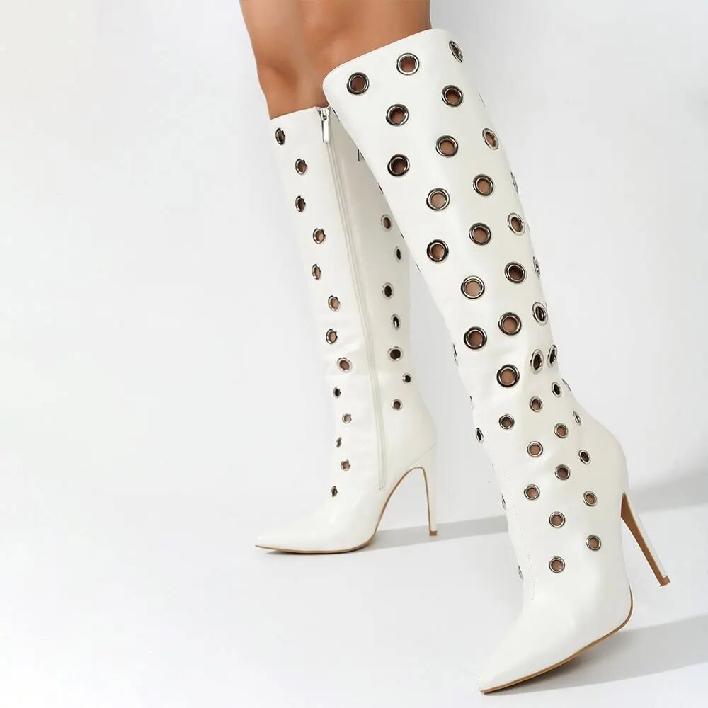 TAAFO Stylish Pointed Toe Stiletto Heels Hollow Out Zip Knee High Boots 