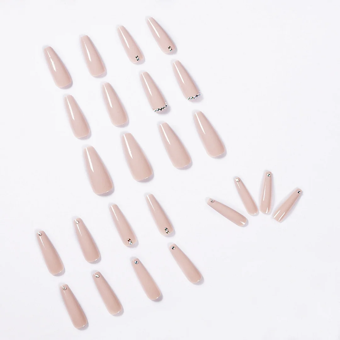 24pcs Light Tea Color Water Diamond Long Ballet Fake Nails Full cover Fake Nails Glue DIY Manicure Nail Art Tools-Nail Inspo