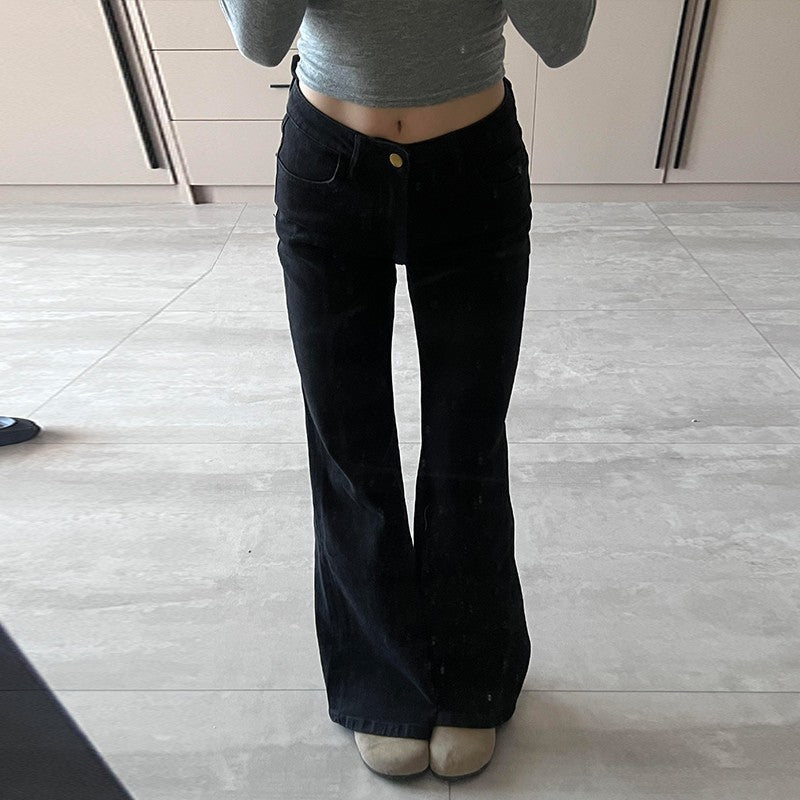 fashion outfits Black Hot Girl Low Waist Micro Flared Jeans Women's Autumn American Retro High Street Straight Mop Long Pants