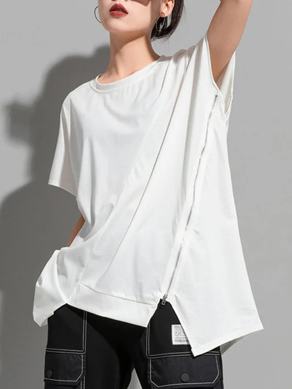 Cap Sleeve Roomy Asymmetric Pure Color Split-Side Zipper Round-Neck T-Shirts Tops
