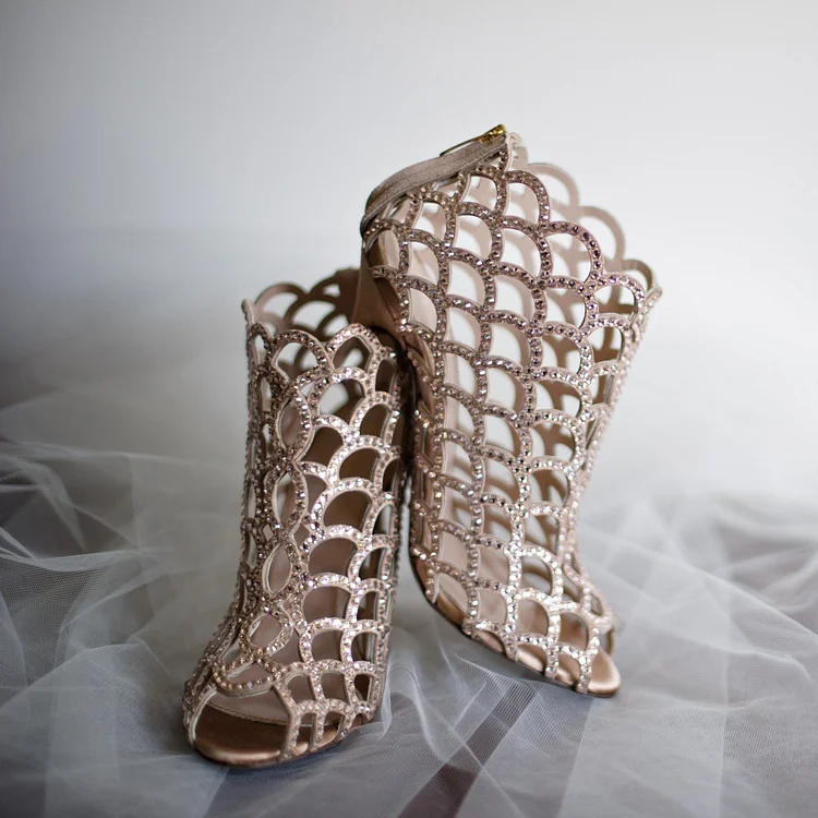 Nude Rhinestone Bridal Shoes Stiletto Heel Mermaid Caged Booties |FSJ Shoes