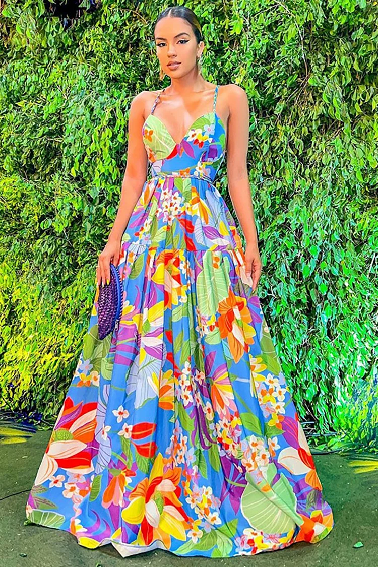 Deep V Neck Backless Pleated Floral Print Vacation A-line Slip Maxi Dress