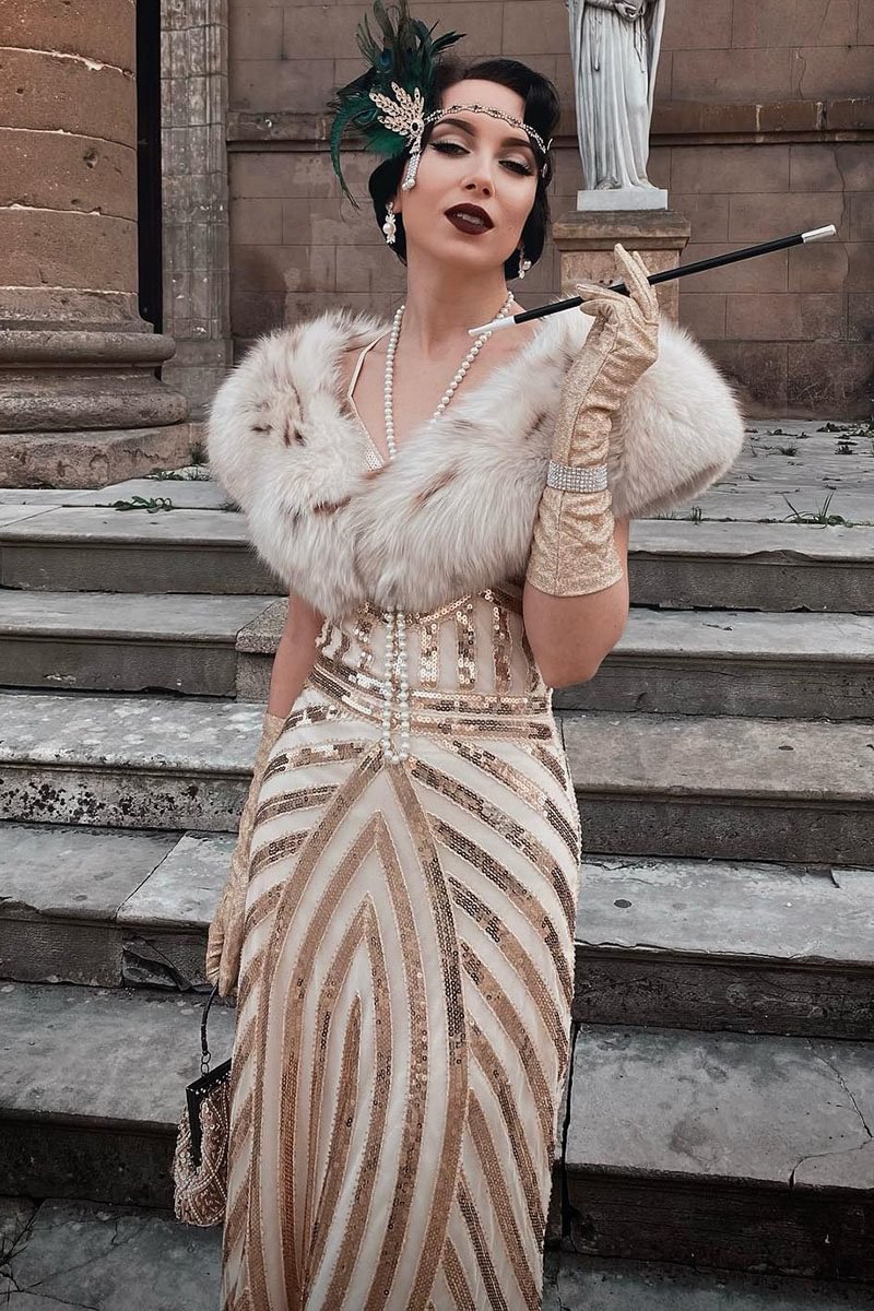 1920s White Gold Cocktail Party Sequin Hot Drilling Double Layer Bodycon Maxi Dress [Pre-Order]