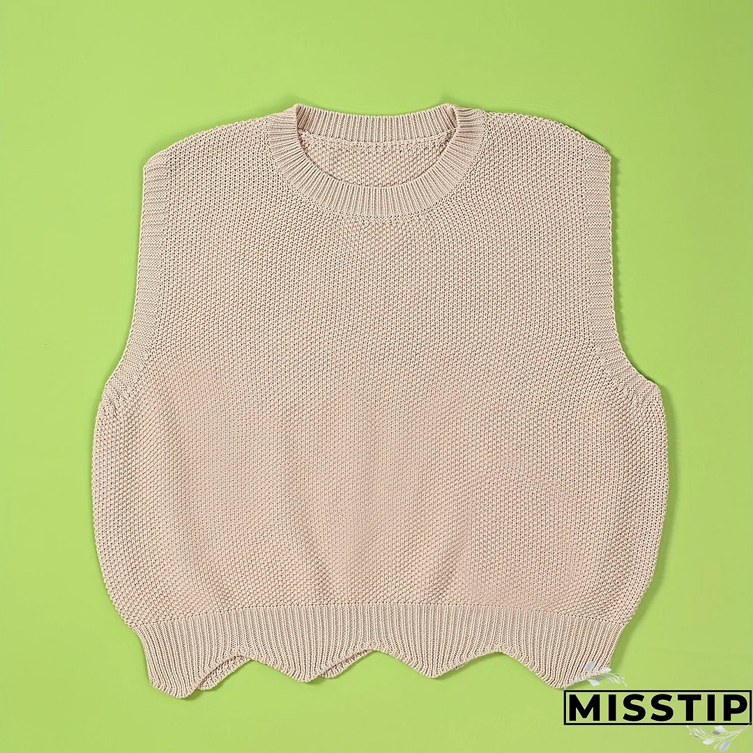 Solid Crew Neck Knitted Vest, Casual Sleeveless Loose Sweater, Women's Clothing