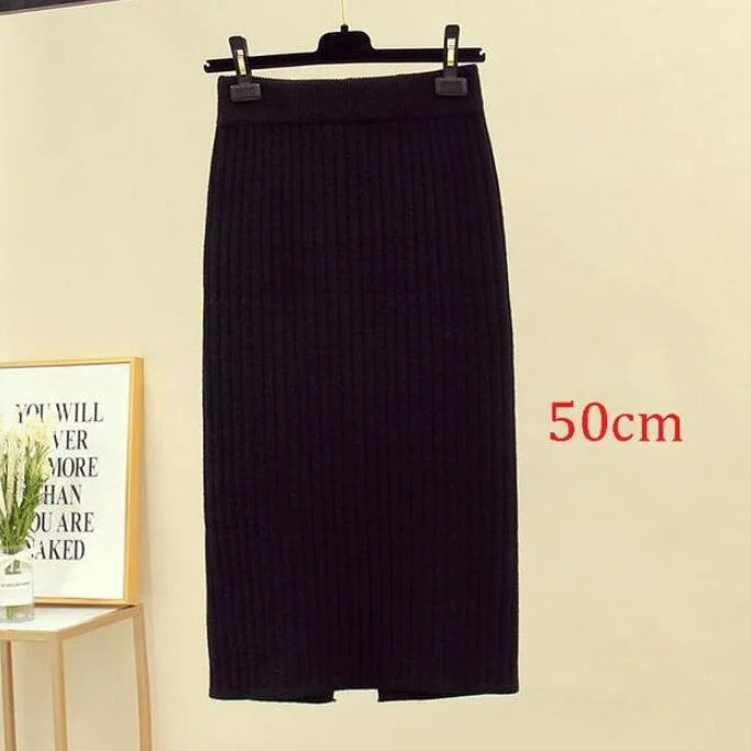 2020 Women's Spring Pencil Knitted Skirt High Waist Warm Elegant Knitting Ribbed Party Skirt Black Solid Ladies Office Skirts