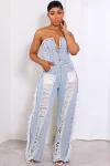 V Neck Raw Edge Scratch Hollow Out Strapless Denim Jumpsuit