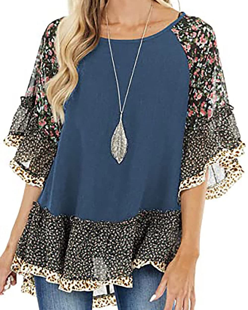 Women's Floral Printed Ruffle 3 4 Sleeve Shirt Batwing Loose Tops Blouses Pullover