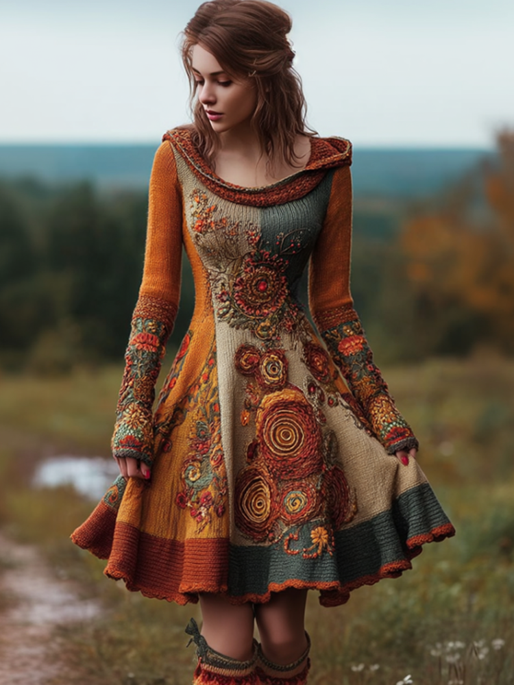 Bohemian Style Autumn And Winter Warm Women's Hooded Knitted Sweater Dress