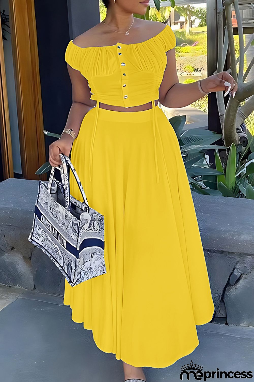 Blue Elegant Solid Patchwork Draw String Buckle Off the Shoulder Short Sleeve Two Pieces