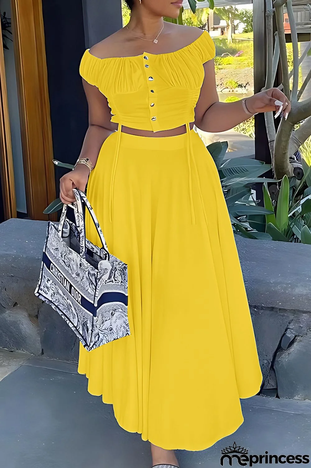 Blue Elegant Solid Patchwork Draw String Buckle Off the Shoulder Short Sleeve Two Pieces