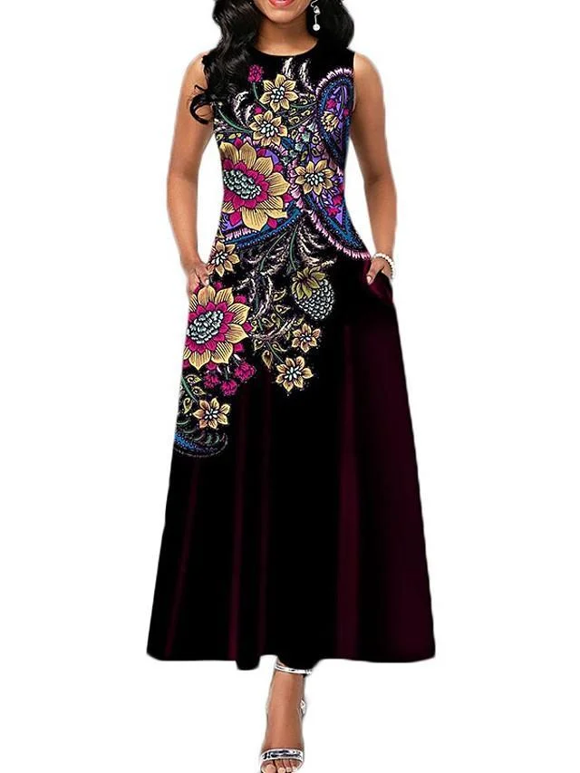 Women's A-Line Dress Maxi long Dress Sleeveless Print Print Summer Casual White Black Blue Purple Wine Green S M L XL XXL