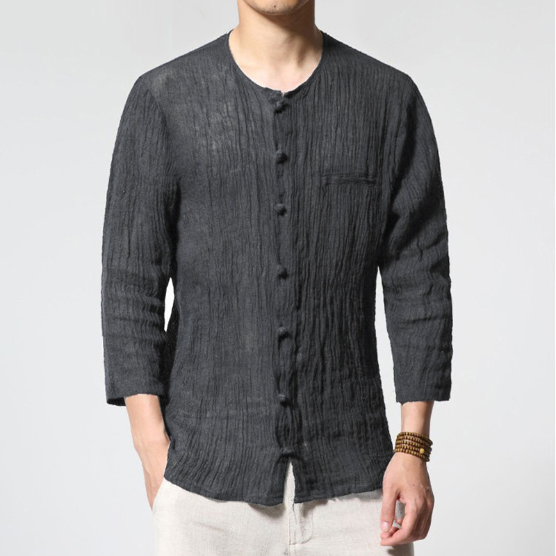 Men Shirts Solid O-Neck 3/4 Sleeve Cotton Vintage Shirt