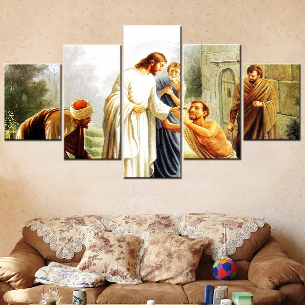 5 Pieces Canvas Wall Art Poster Painting Jesus Heals The Blind Wallpaper Home Decoration Living Room Picture Print Bedroom Mural