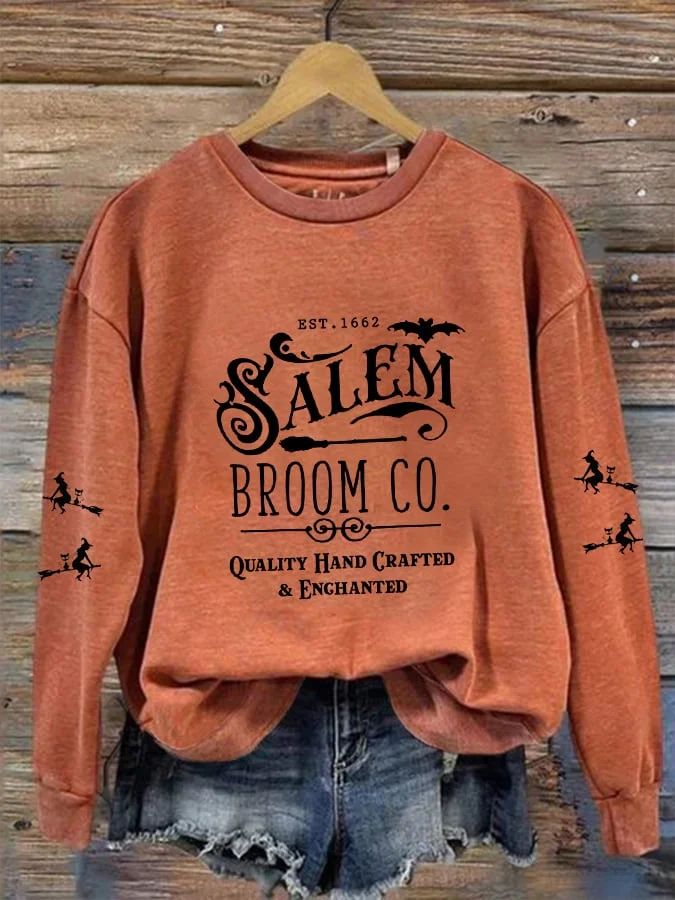 Women's Halloween Salem Broom Co Round Neck Long Sleeve Sweatshirt socialshop