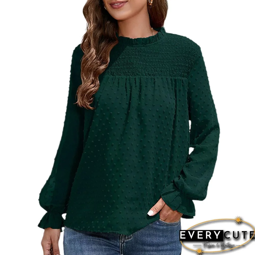 Dark Green Swiss Dot Pleated Long Sleeve Blouse