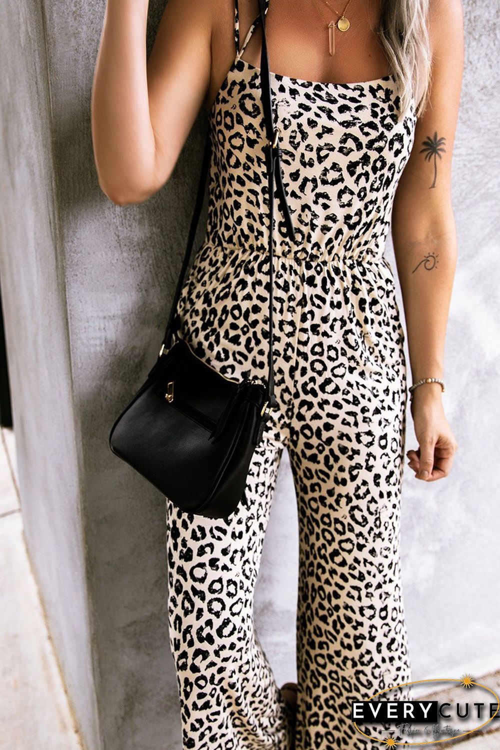 Sleeveless Open Back Leopard Jumpsuit