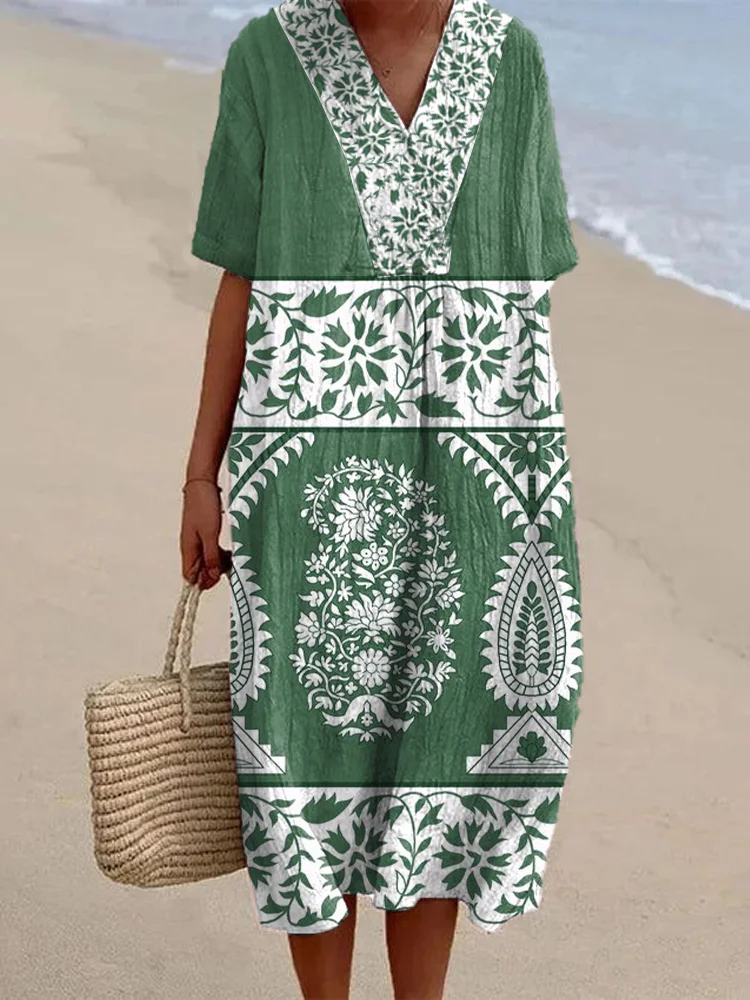 Ethnic Floral Pattern Women's Linen Maxi Dress