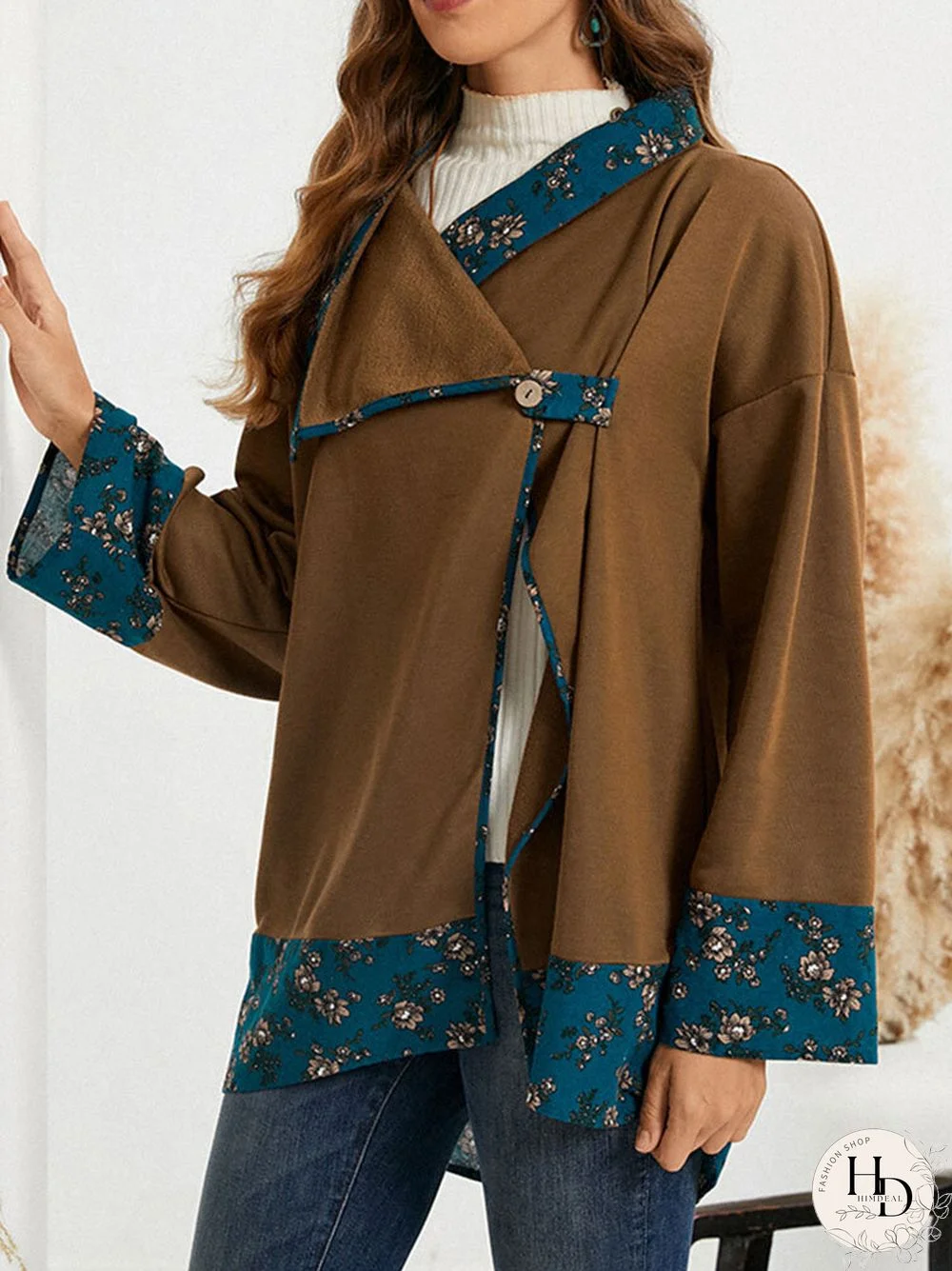 Floral Print Lapel Button Long Sleeve Women Jacket