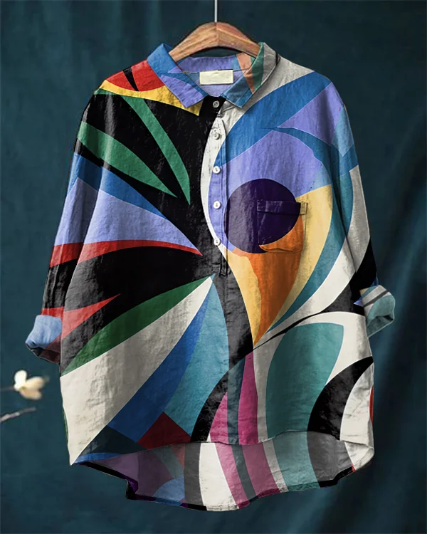 Vintage Abstract Art Print Cotton and Linen Shirt