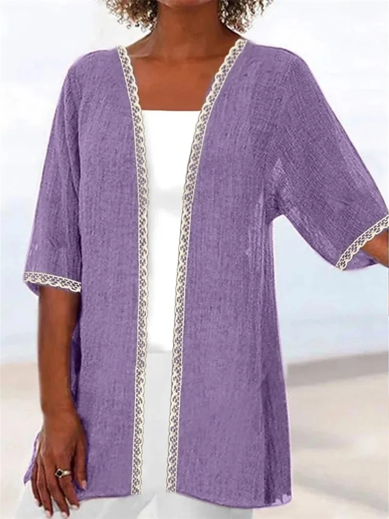 Women Half Sleeve Scoop Neck Solid Lace Cardigan Tops