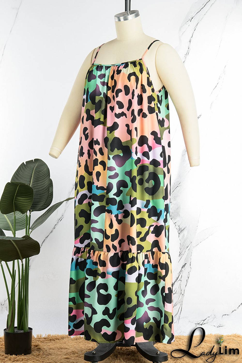 Pink Casual Print Backless Spaghetti Strap Long Dress Plus Size Dresses