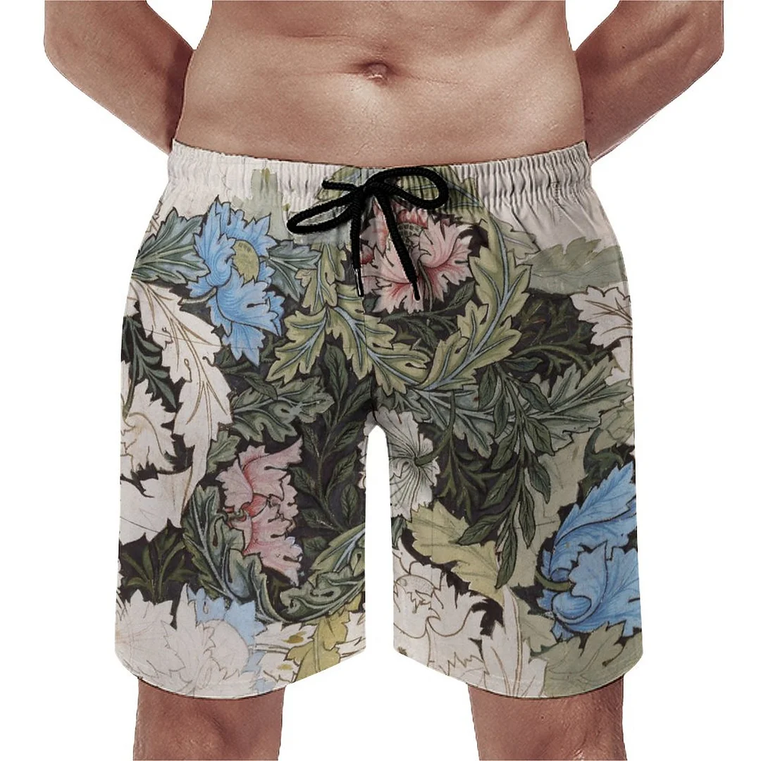 Retro National Character Colorful William Morris Floral Men's Swim Trunks Summer Board Shorts Quick Dry Beach Short with Pockets