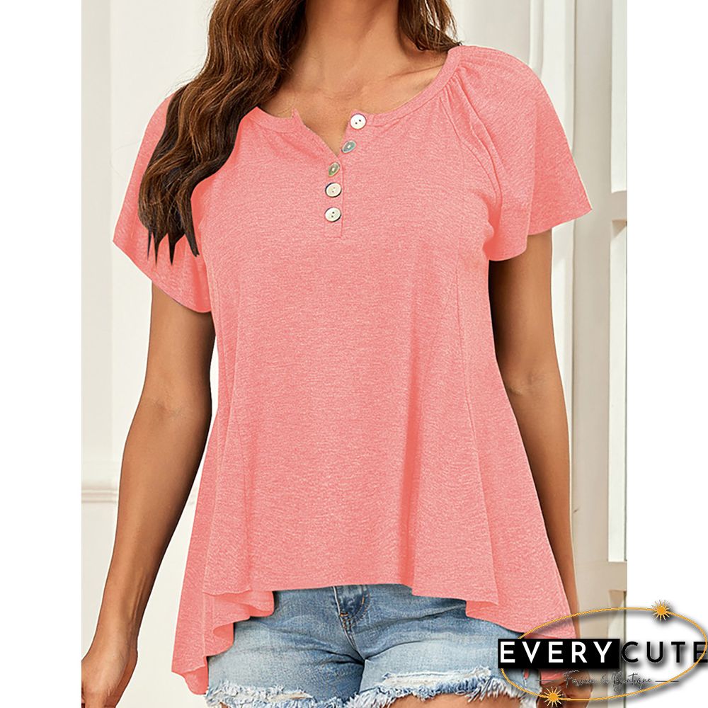 Pink Button Loose Style Short Sleeve Tees