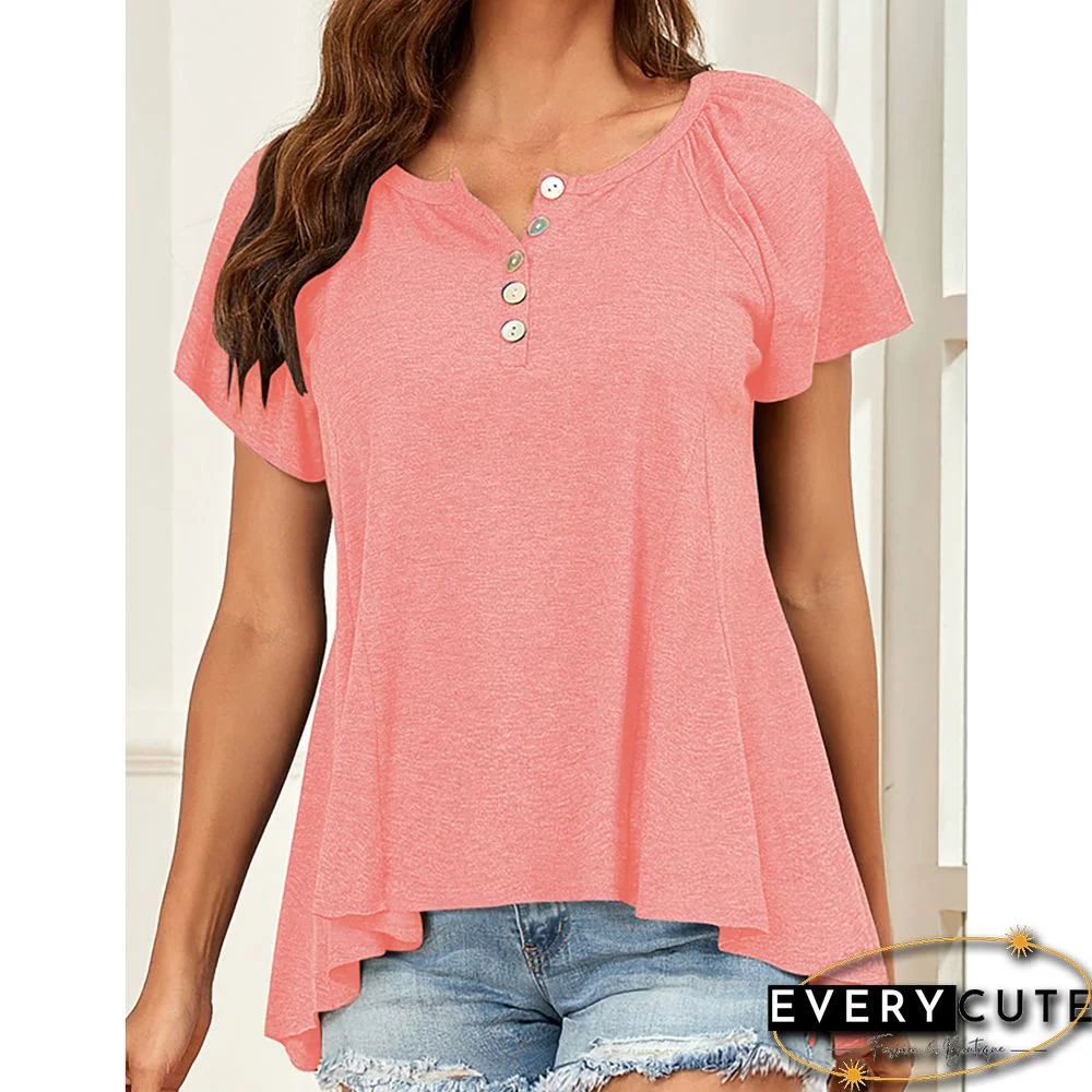 Pink Button Loose Style Short Sleeve Tees