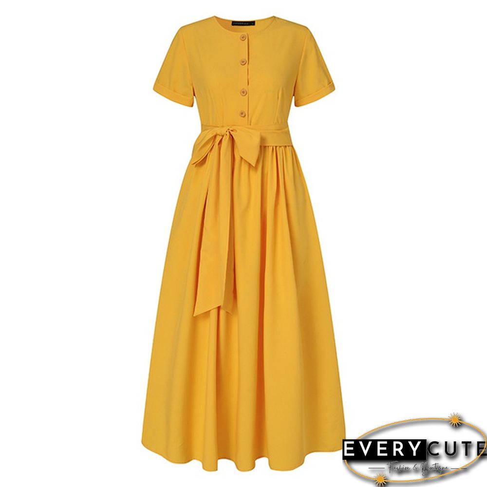 Retro Women Summer Sexy Short Sleeve Long Shirt Dress Party Elegant Big Swing Pleated Maxi Sundress