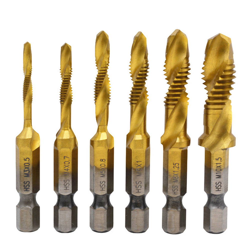 

6pcs M3-M10 Hex Shank Titanium Plated HSS Screw Thread Metric Tap Drill Bit, 501 Original