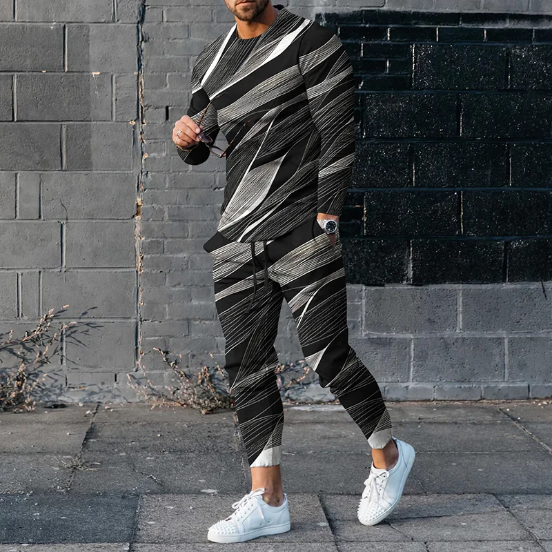 Men's Abstract Lines Long Sleeve T-Shirt And Pants Co-Ord