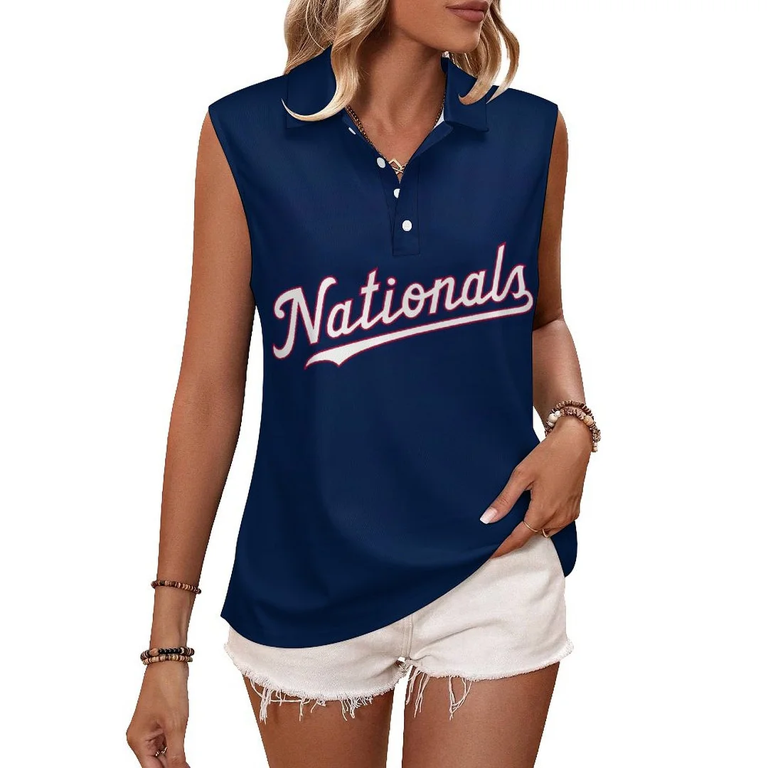 V-neck Sleeveless Casual POLO Shirt Tank Top for Women Printed with Pattern , Blue, Red