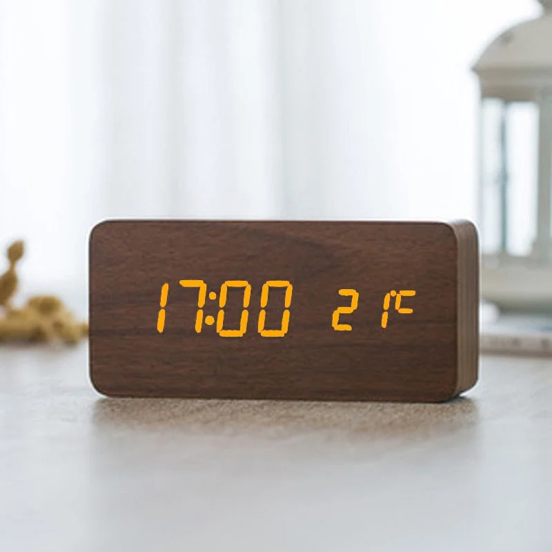Wooden Digital LED Alarm Clock Voice Control USB/AAA Powered Electronic Table Clock Multifunction Temperature Desk Watch Decor