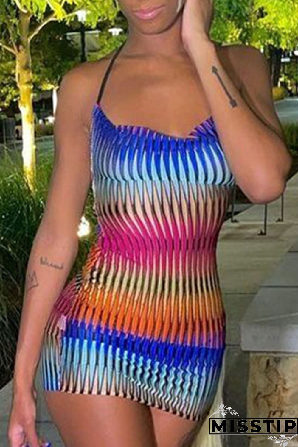 Multicolored Sexy Street Party Gradual Change Geometric Frenulum Halter One Step Skirt