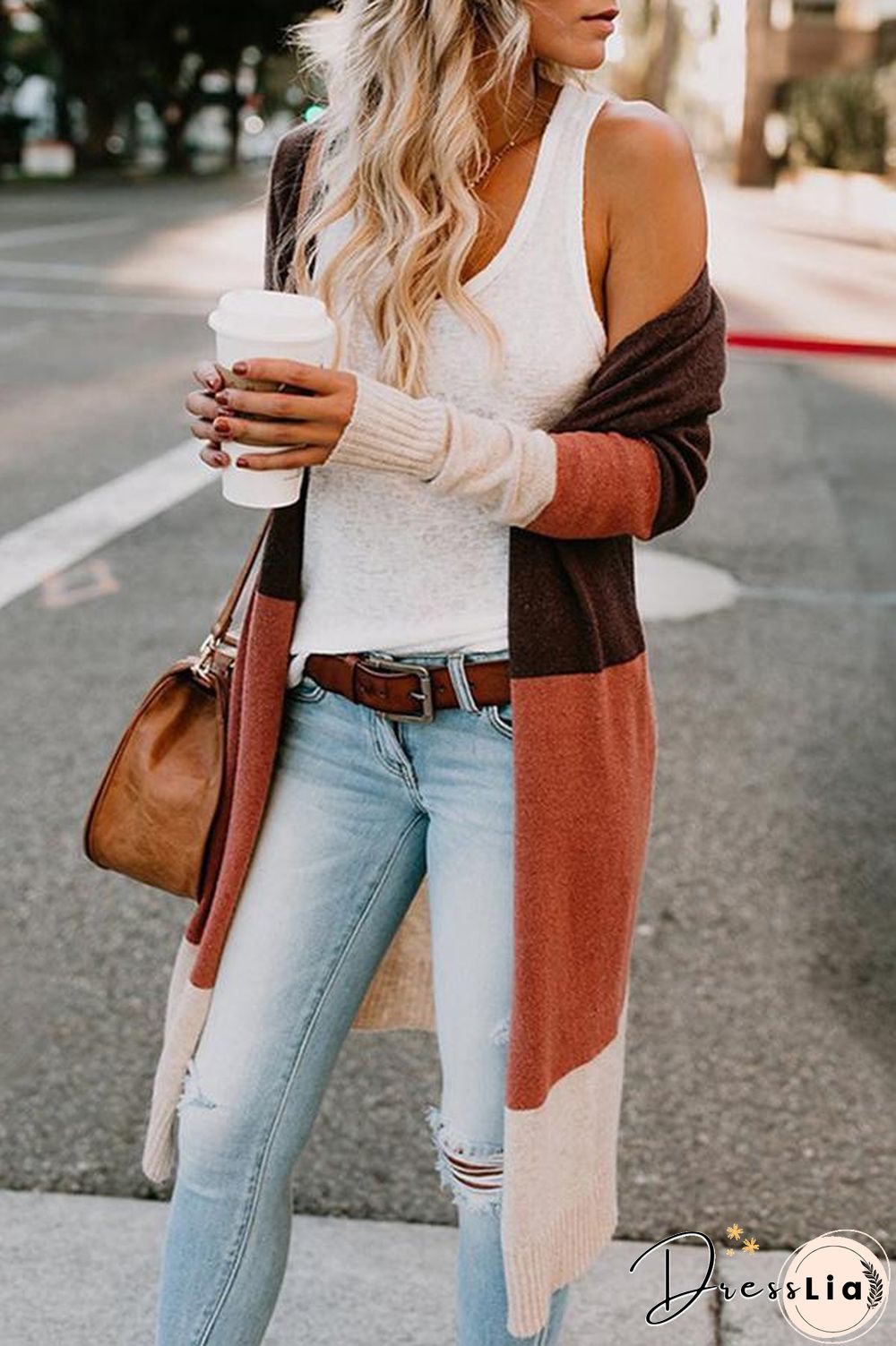 Three-color Striped Stitching Long Cardigan (4 Colors) P15909