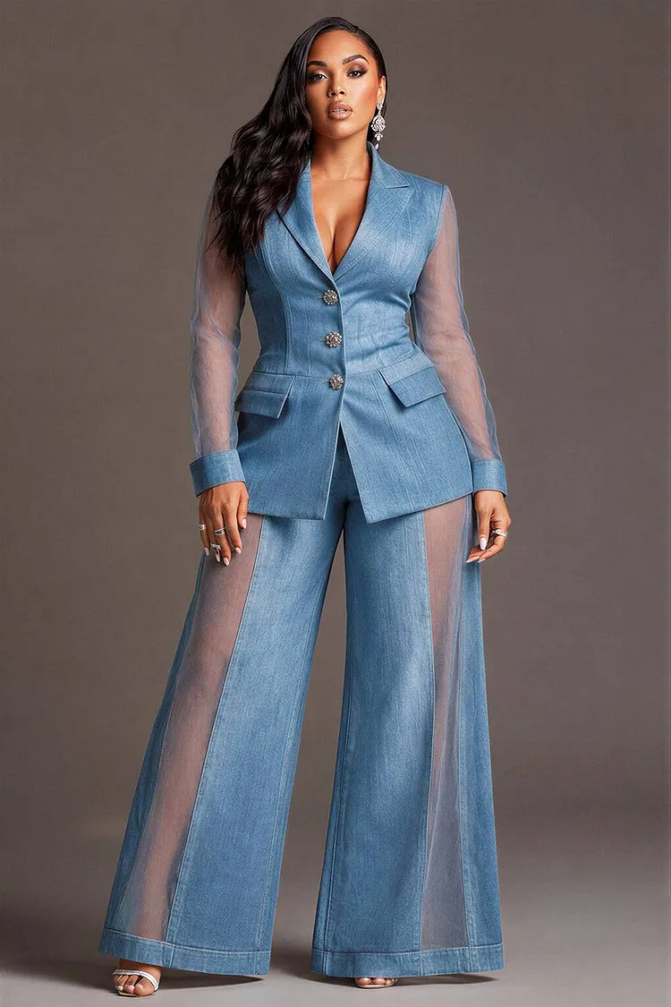 Xpluswear Design Plus Size Formal Organza Blue Lapel Collar Long Sleeve See Through Contrast Denim Two Piece Pant Suits [Pre-Order] 2024 - Xpluswear