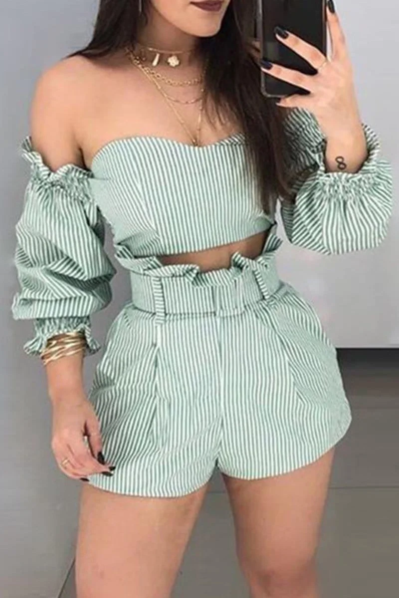 Sexy One Word-Shoulder Stripe Two-Pieces Set