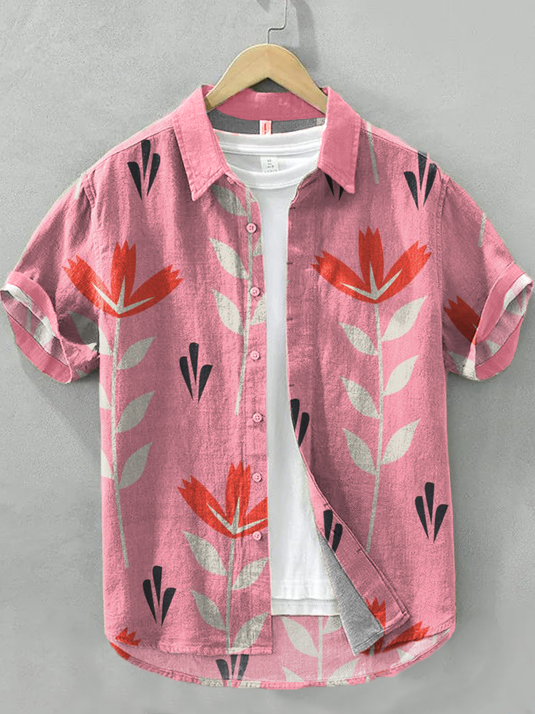 Men's Boho Floral Pattern Linen Blend Pink Shirt