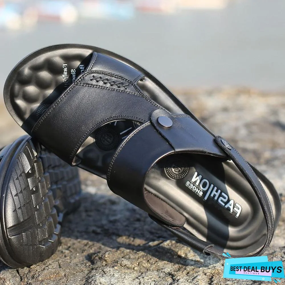 Men's Genuine Leather Sandals Summer Beach Casual Slippers Shoes