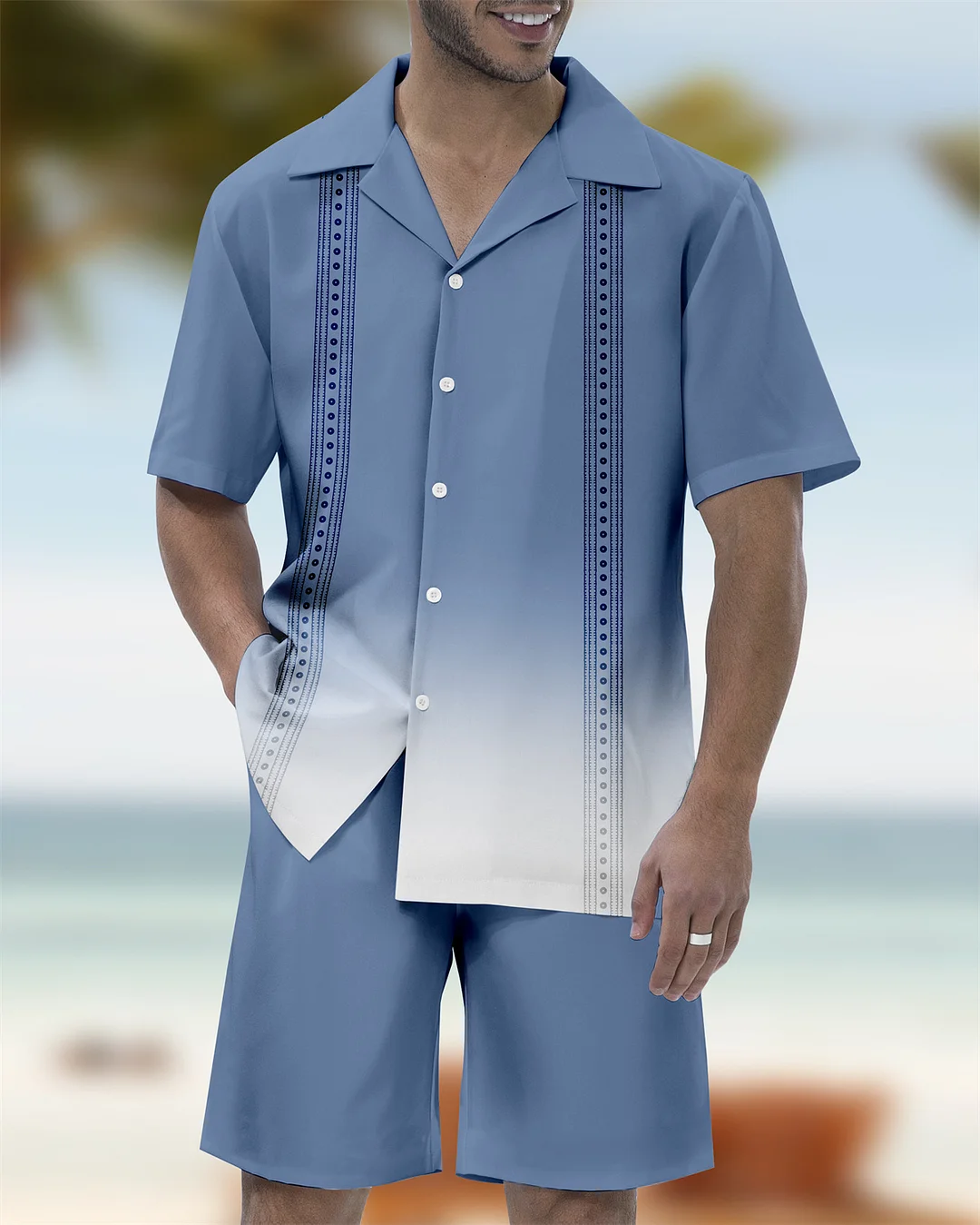 Men's Gradient Race Stripe Print Hawaiian Cuban Collar Short Sleeve Shirt Set