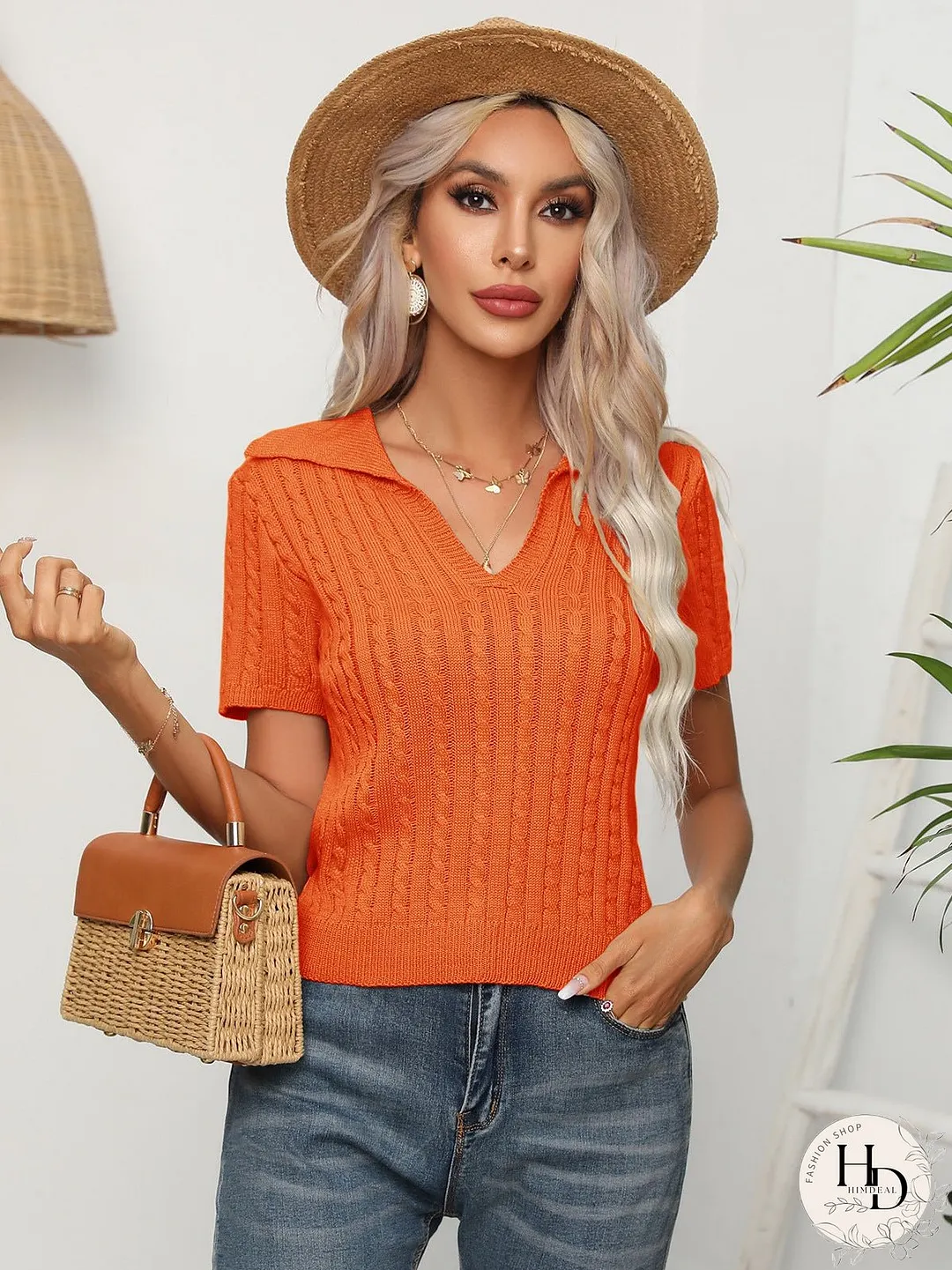 Cable-Knit Johnny Collar Short Sleeve Knit Top