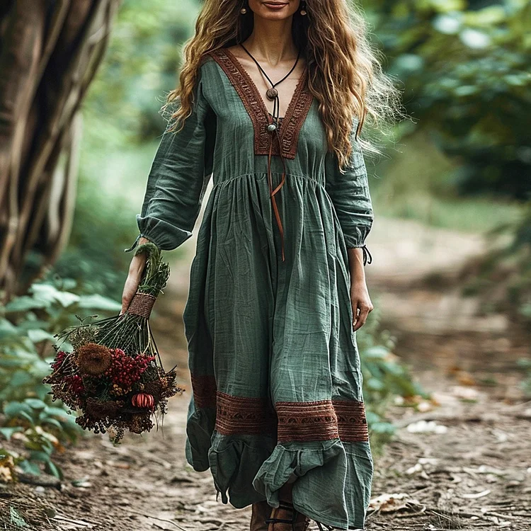 Women's Linen Ethnic Simple Maxi Dress