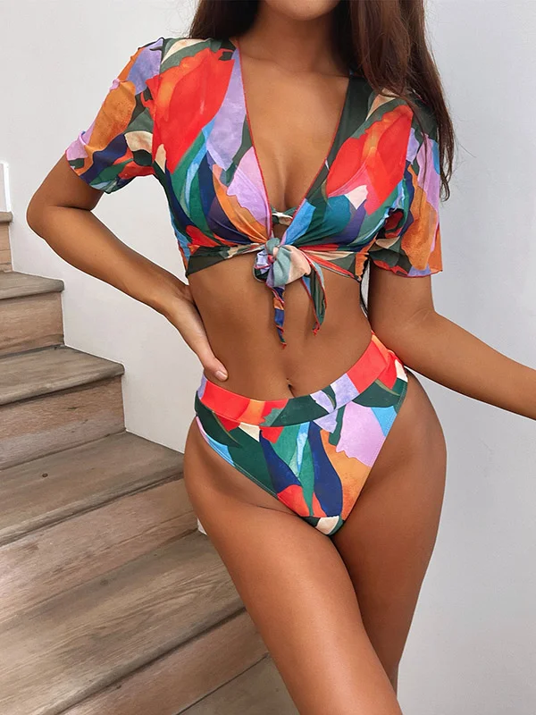 Multicolour Spaghetti-Neck Triangles Split Bikini Swimsuit+Cover-Ups Three-Piece Set